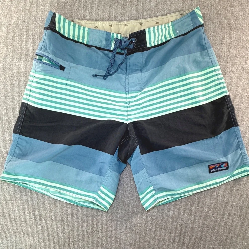 Patagonia Mens Board Shorts Size 35 Blue Green Stripe Recycled Nylon Swim Trunks